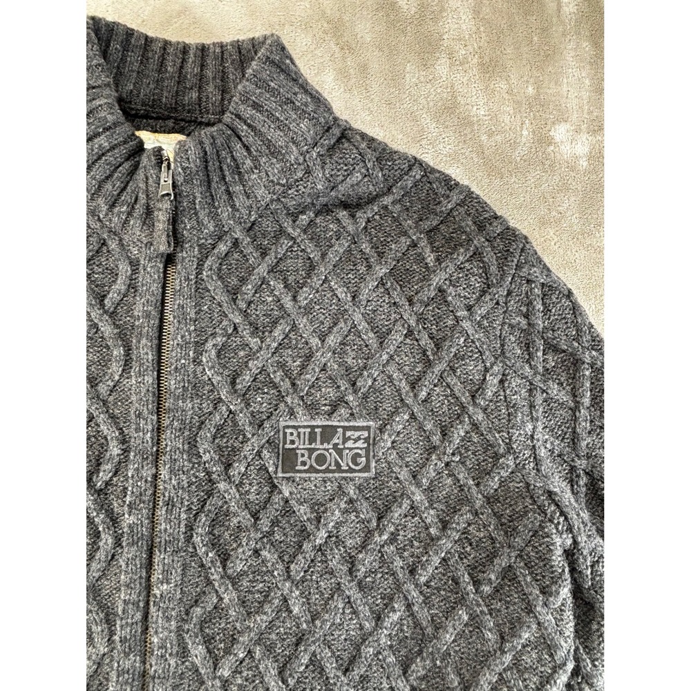 Billabong Full Zip Sweater Mens L Gray Diamond Cable Knit 37% wool - Picture 2 of 8